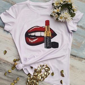 Sexy Lips, Rhinestone plus size, Bling Tee, Exclusive. Handmade. RED